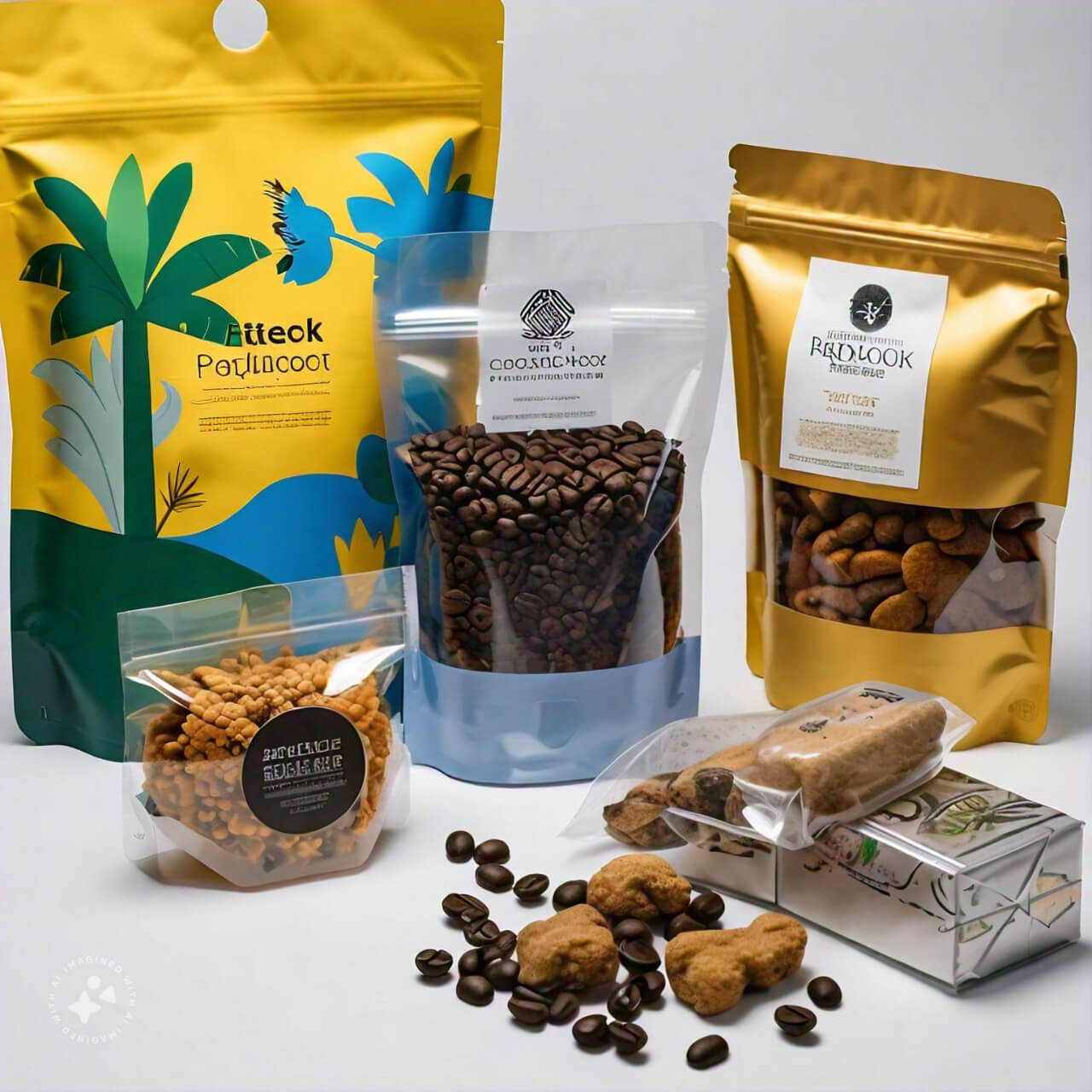 a group of bags of stand up pouches with coffee beans